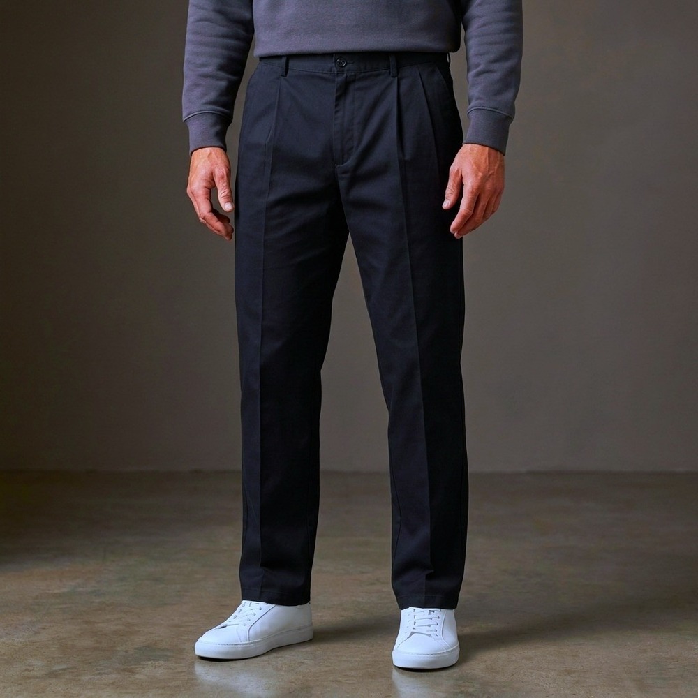 PAUL FREDRICK Mens Pleated Chino Pants 34 Navy Blue Cotton Unhemmed Classic